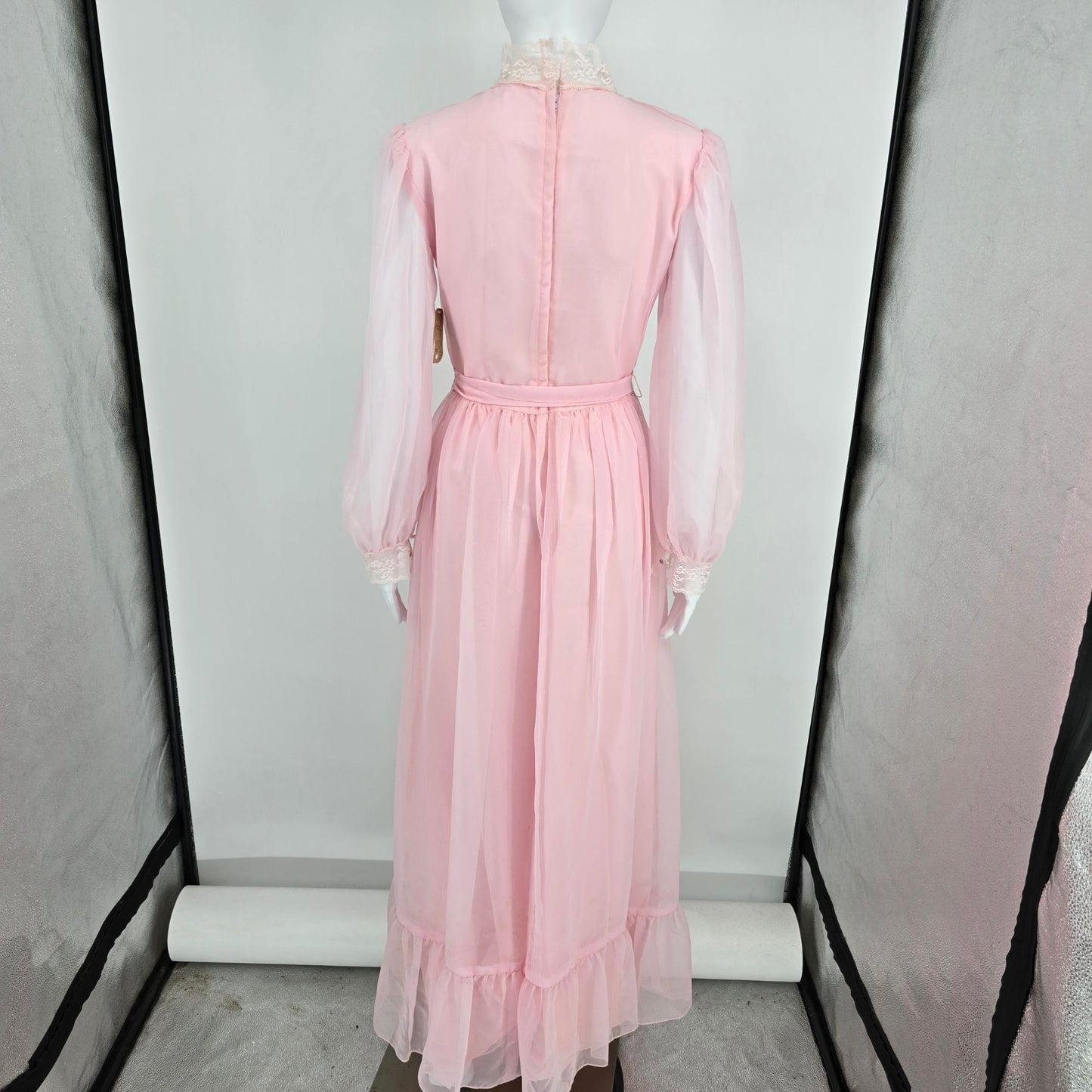 Vintage 1970s Light Pink Lace Neck Sheer Sleave Prairie Maxi Dress (Size 2/XS)