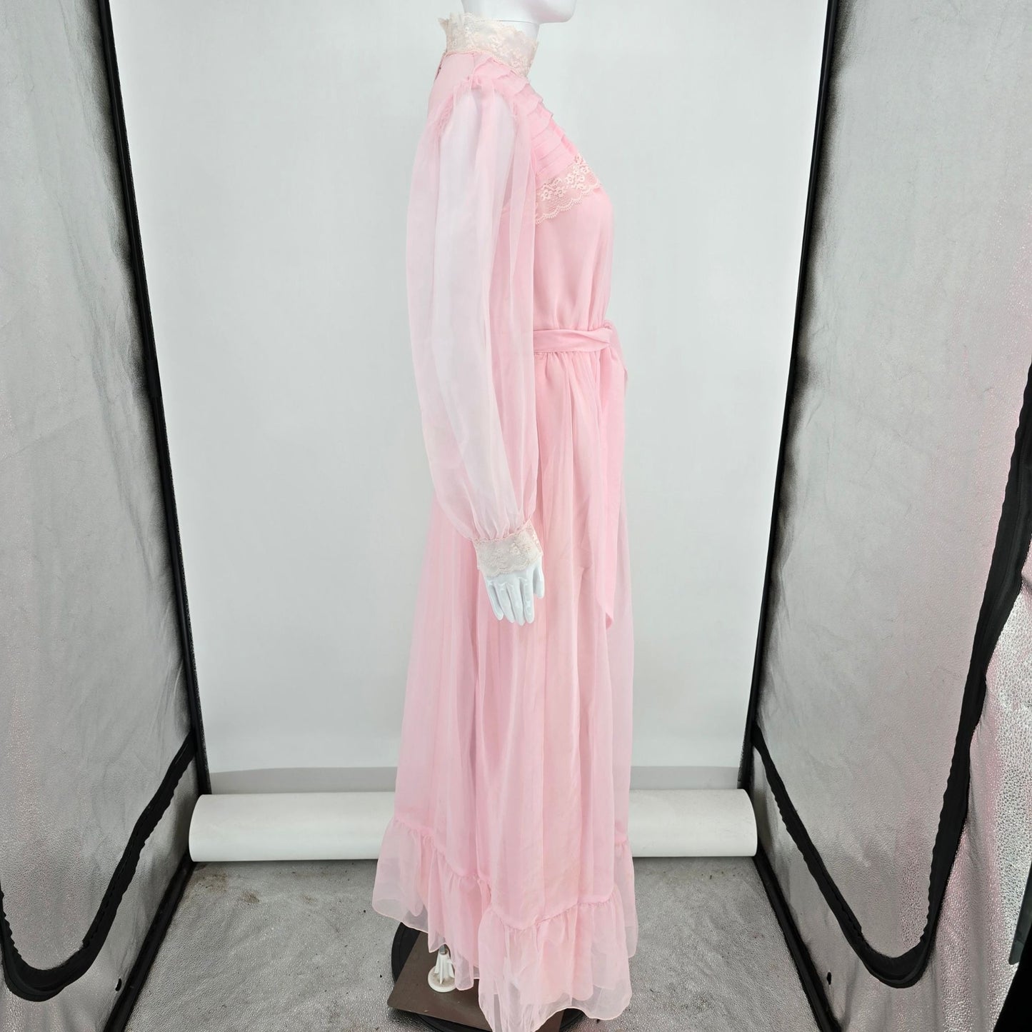 Vintage 1970s Light Pink Lace Neck Sheer Sleave Prairie Maxi Dress (Size 2/XS)