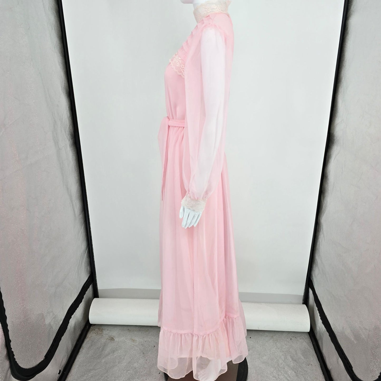 Vintage 1970s Light Pink Lace Neck Sheer Sleave Prairie Maxi Dress (Size 2/XS)