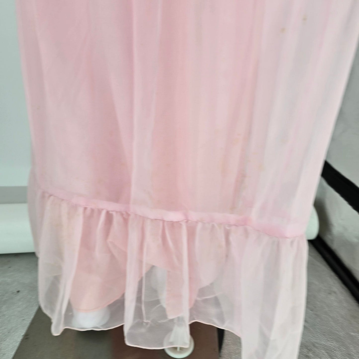 Vintage 1970s Light Pink Lace Neck Sheer Sleave Prairie Maxi Dress (Size 2/XS)