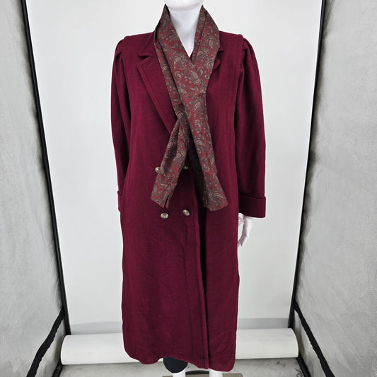 Vintage 1980s Jofeld Burgundy Double-Breasted Wool Blend Coat with Scarf (M)