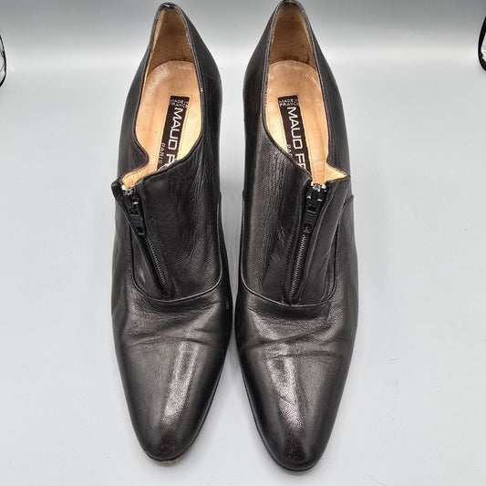 Vintage 1980s Maud Frizon Paris Black Leather Zip-Front Ankle Pumps (7.5B)