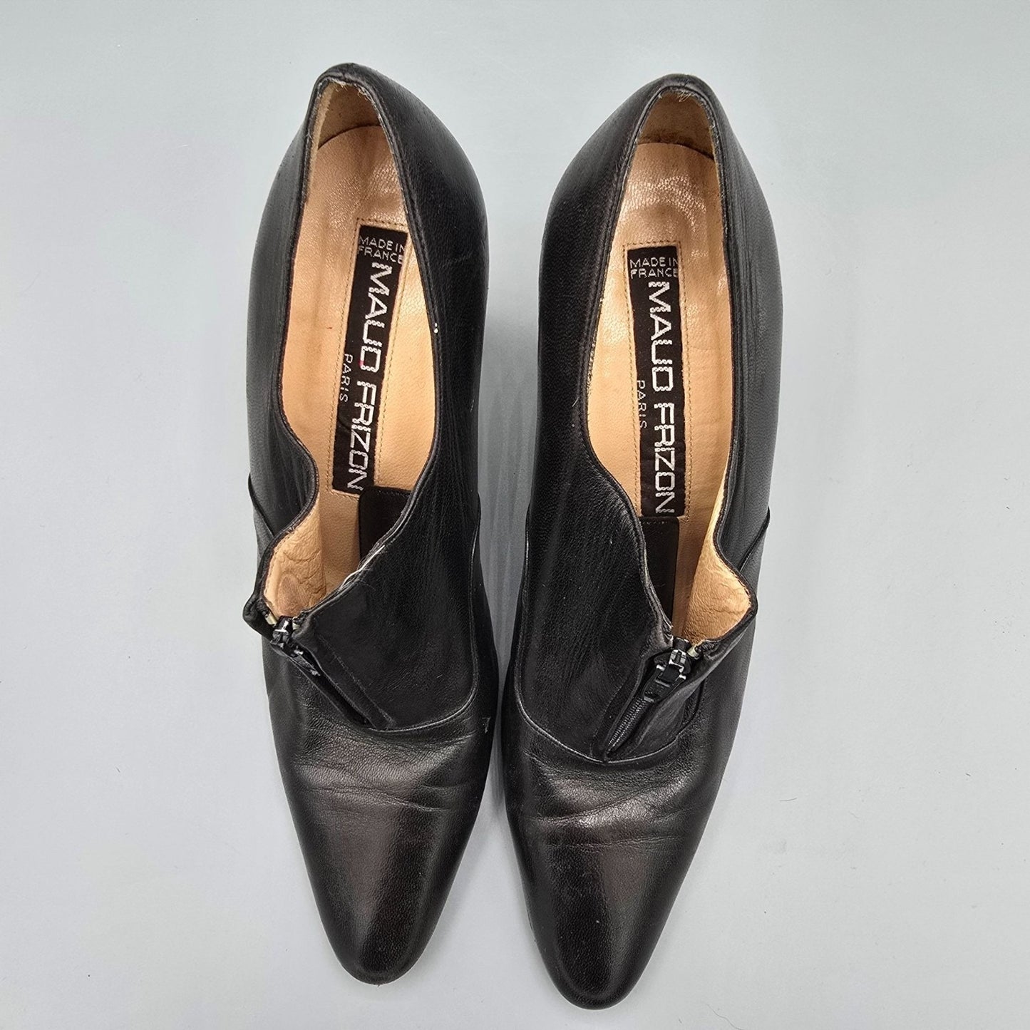 Vintage 1980s Maud Frizon Paris Black Leather Zip-Front Ankle Pumps (7.5B)
