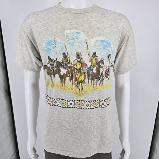 Distressed Vintage 1990s Habitat Native American Spirit Eagle Gray T-Shirt (L)
