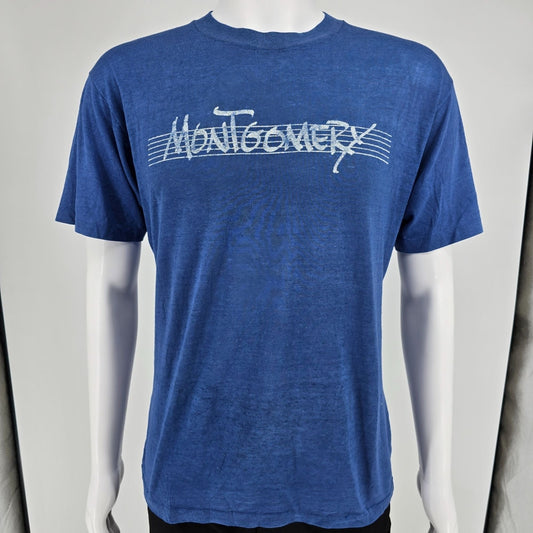 Vintage 1980s Velva Sheen Montgomery Script Logo Soft & Thin Blue T-Shirt (L)
