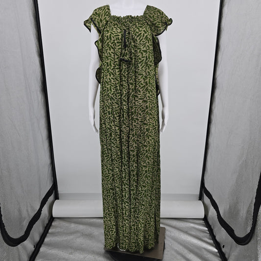 Vintage 1970s Green Leaf Print Cape Sleeve Floor Length Peasant Maxi Dress (M/L)