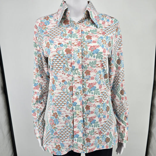 Vintage 1970s Women's Floral Geometric Print Button Front Shirt (M) *Flaw