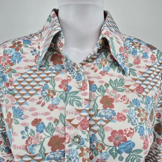 Vintage 1970s Women's Floral Geometric Print Button Front Shirt (M) *Flaw