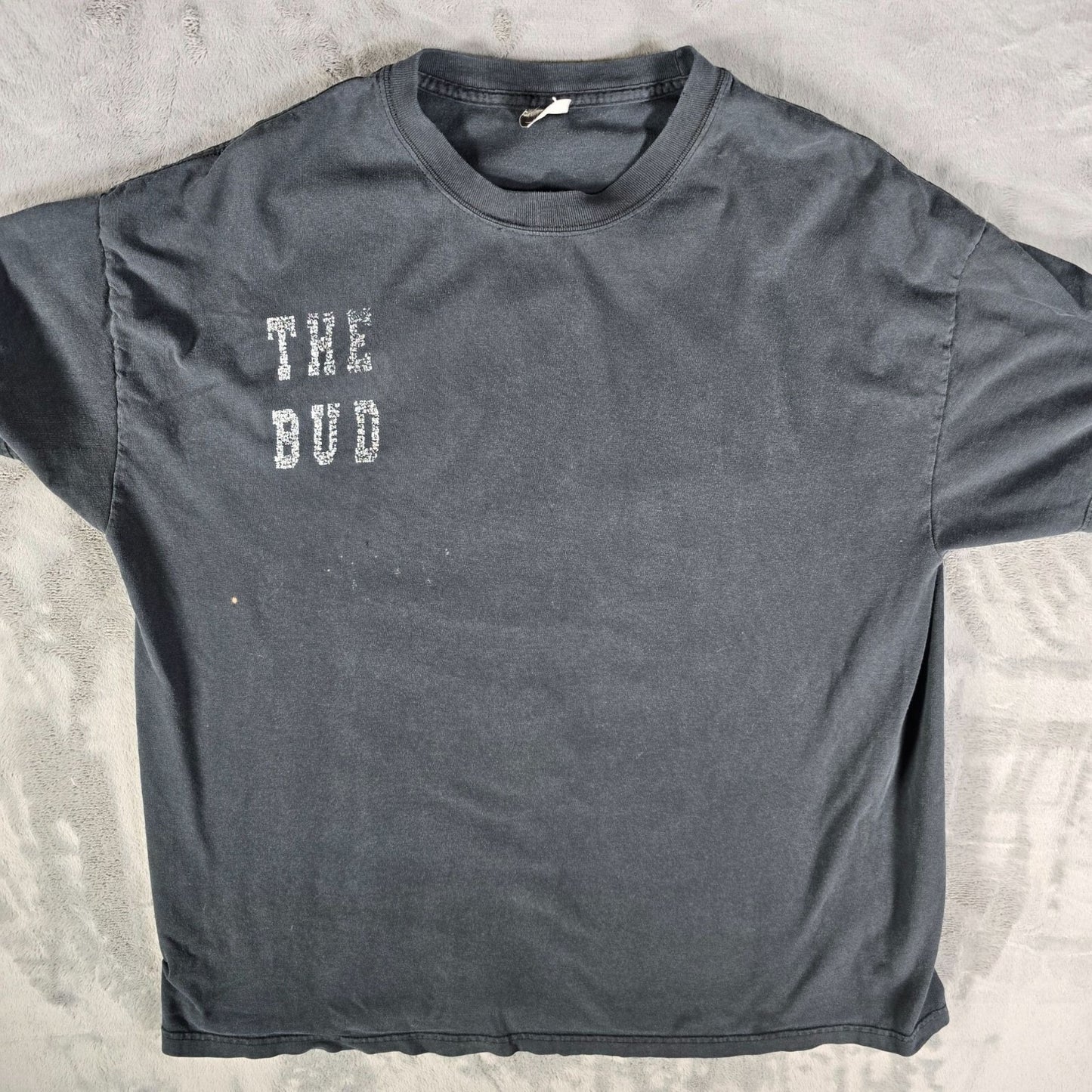 Distressed 2000s Hanes Beefy-T Budweiser "The Bud" Faded Black T-Shirt (XL)