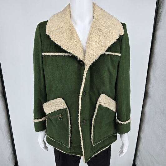 Vintage 1970s JC Penney Mens Green Sherpa-Lined Winter Western Rancher Coat (M)