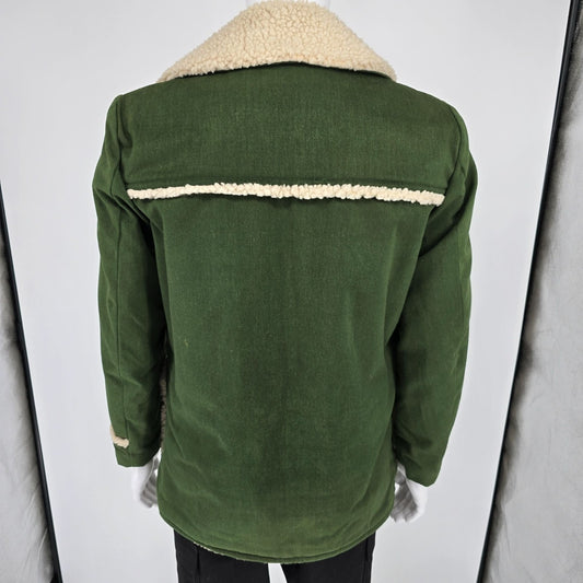 Vintage 1970s JC Penney Mens Green Sherpa-Lined Winter Western Rancher Coat (M)