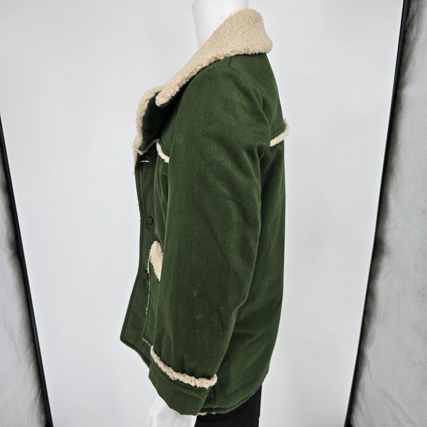 Vintage 1970s JC Penney Mens Green Sherpa-Lined Winter Western Rancher Coat (M)