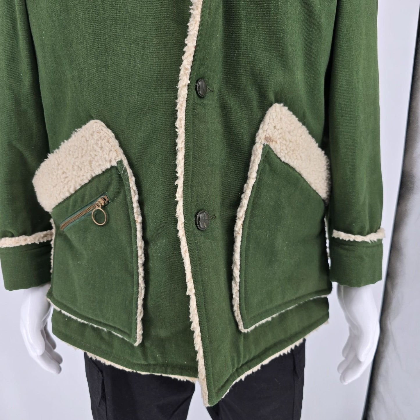 Vintage 1970s JC Penney Mens Green Sherpa-Lined Winter Western Rancher Coat (M)