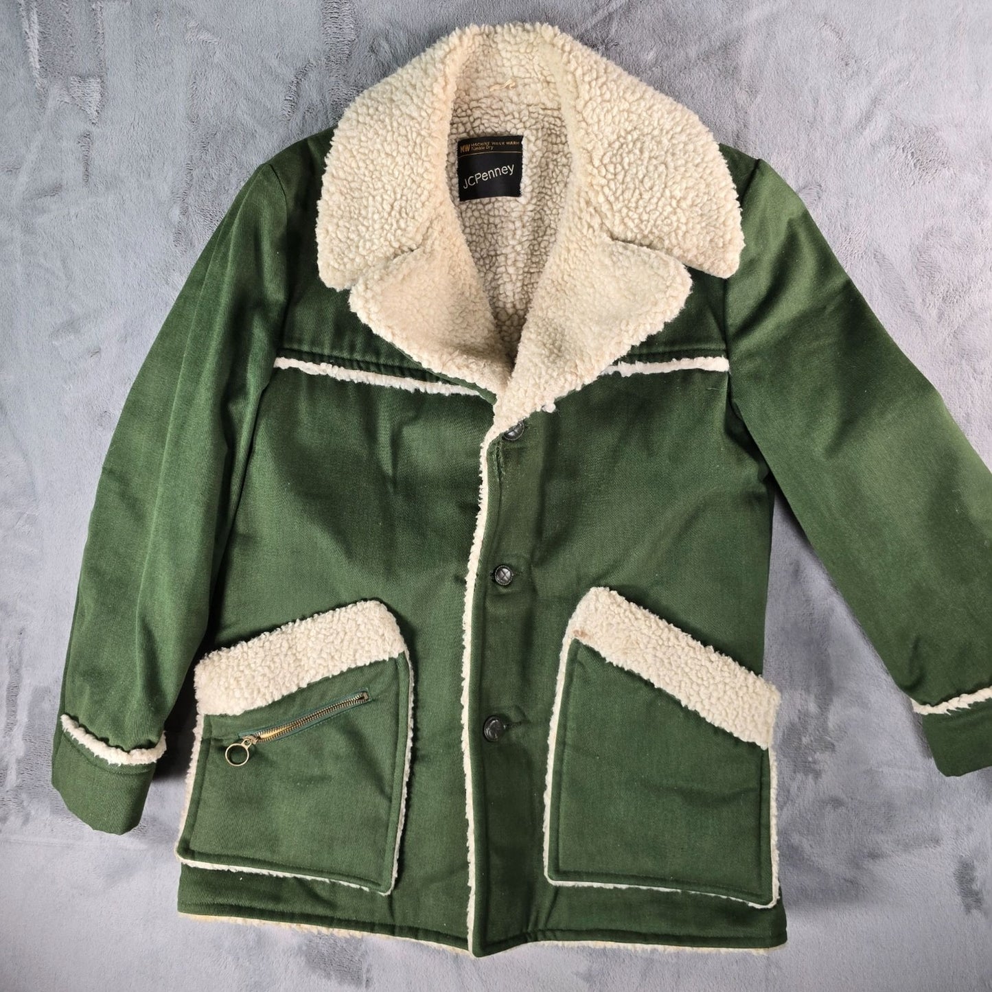 Vintage 1970s JC Penney Mens Green Sherpa-Lined Winter Western Rancher Coat (M)