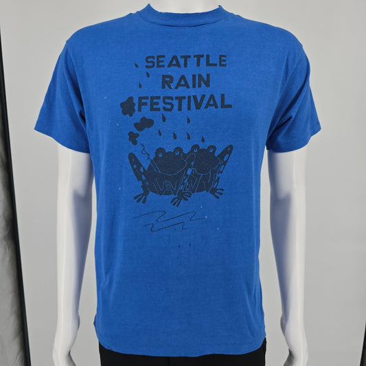 Distressed Vintage 1980s Hanes Seattle Rain Festival Frog Graphic T-Shirt (L)