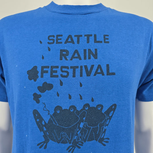 Distressed Vintage 1980s Hanes Seattle Rain Festival Frog Graphic T-Shirt (L)