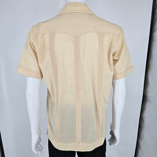 Vintage 1970s Don Romeo Light Tan Four-Pocket Embroidered Guayabera Shirt (M)