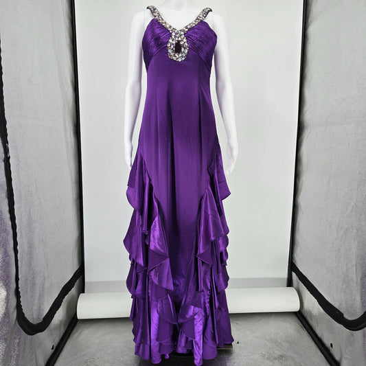 2010s Precious Formals Purple Ruffled Evening Gown Prom Dress (Size 6/Small)