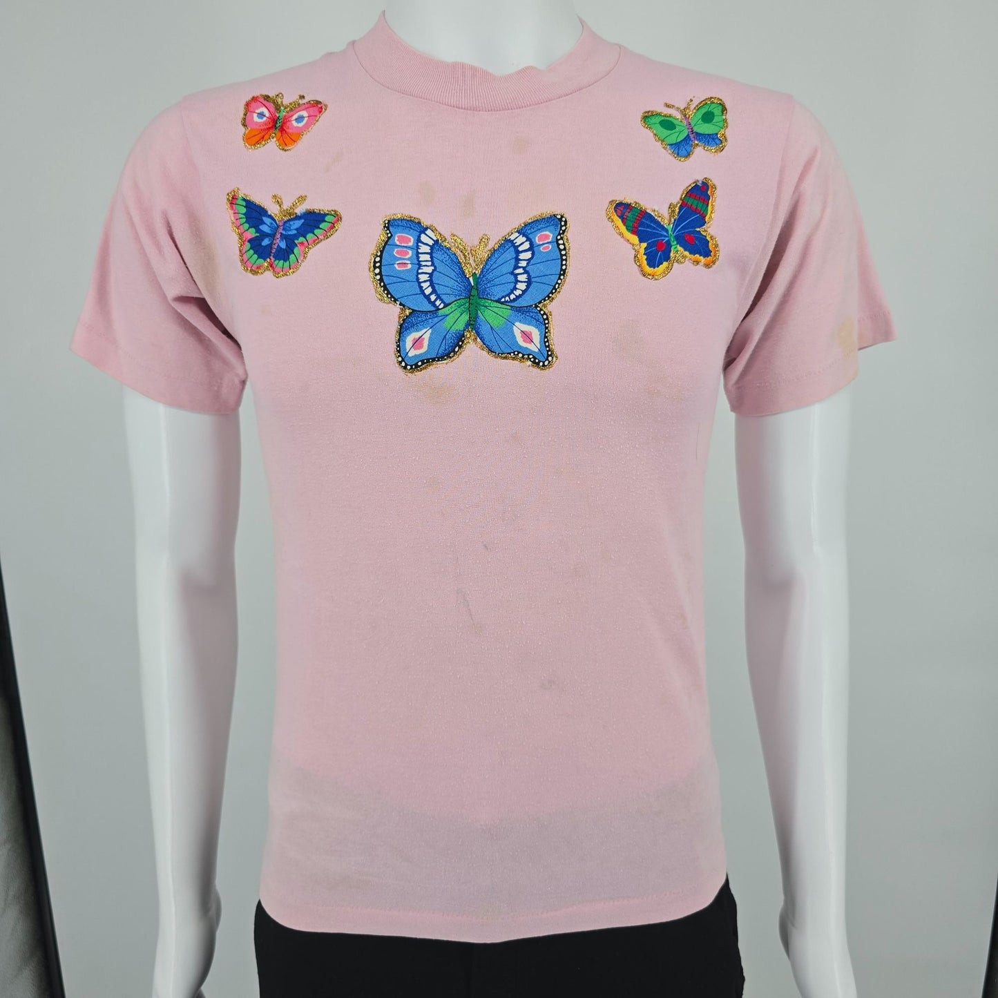 Vintage 1990s Pink Butterfly Applique Glitter Glue T-Shirt (Youth Large) *Flaws