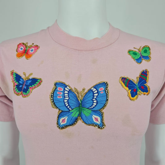 Vintage 1990s Pink Butterfly Applique Glitter Glue T-Shirt (Youth Large) *Flaws