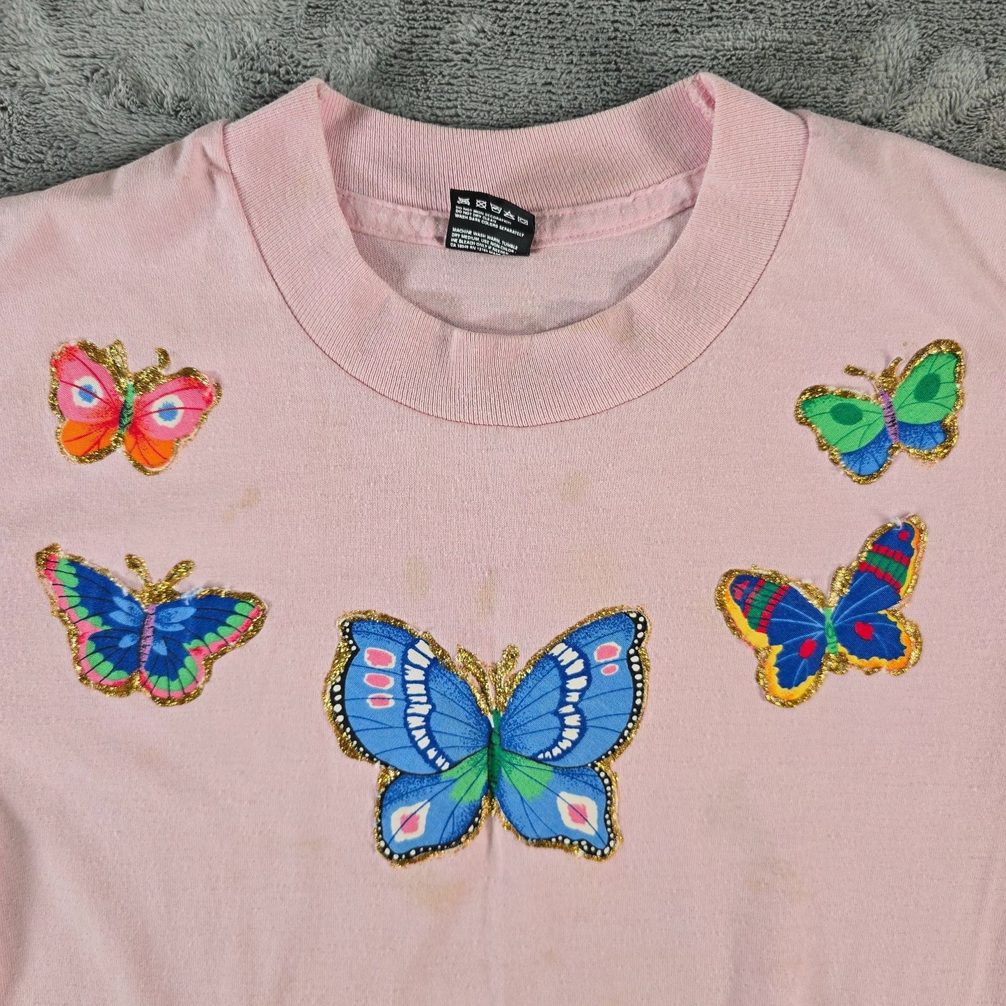 Vintage 1990s Pink Butterfly Applique Glitter Glue T-Shirt (Youth Large) *Flaws