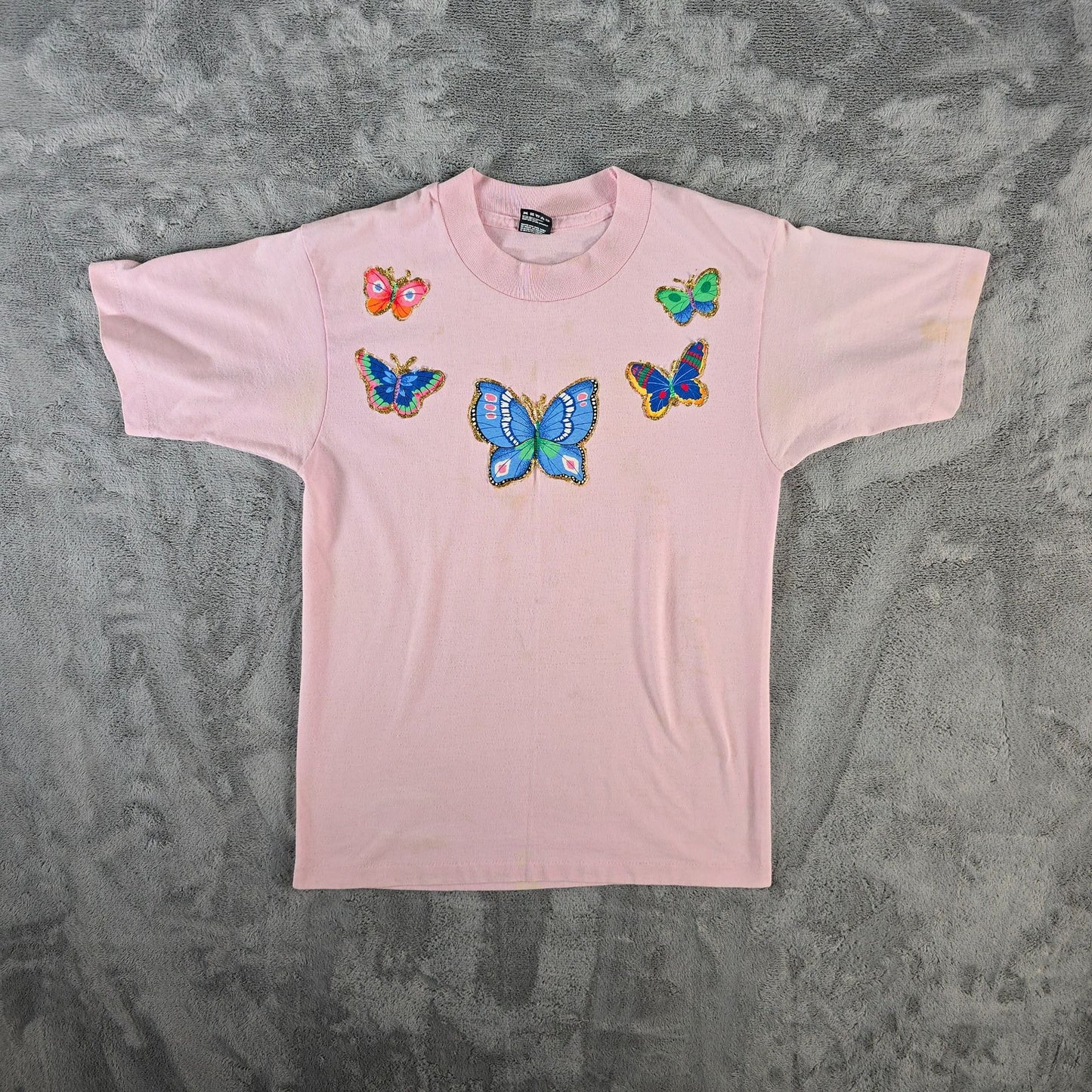 Vintage 1990s Pink Butterfly Applique Glitter Glue T-Shirt (Youth Large) *Flaws