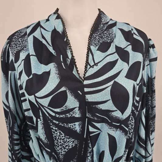Vintage 1980s Whirlaway Frocks Blue/Black Tropical Leaf Print Day Dress (16/XL)