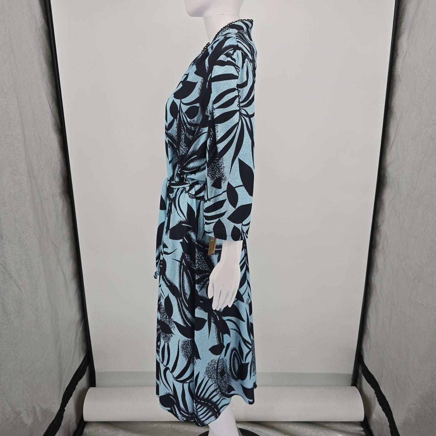 Vintage 1980s Whirlaway Frocks Blue/Black Tropical Leaf Print Day Dress (16/XL)