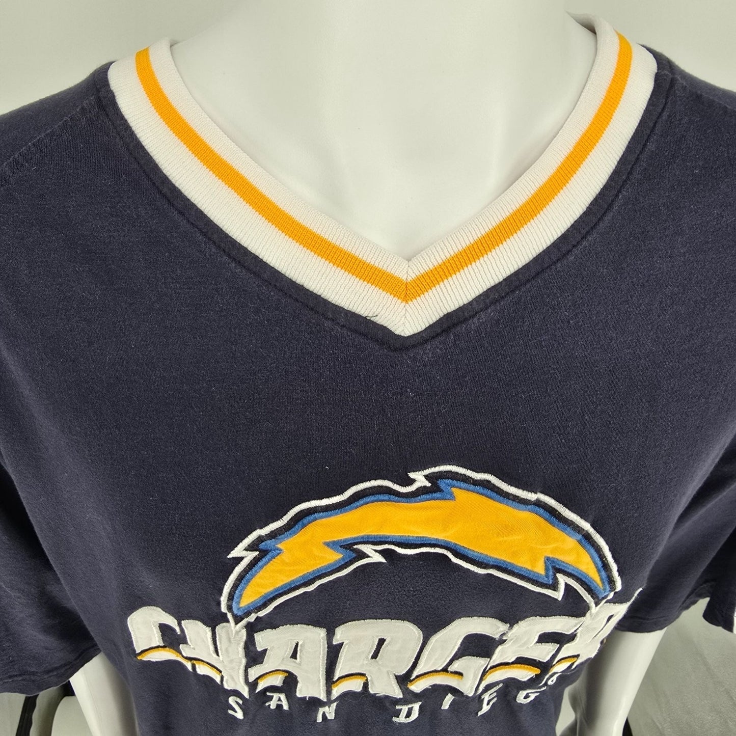 2000s San Diego Chargers NFL Embroidered Blue/White V-Neck Jersey T-Shirt (4XL)
