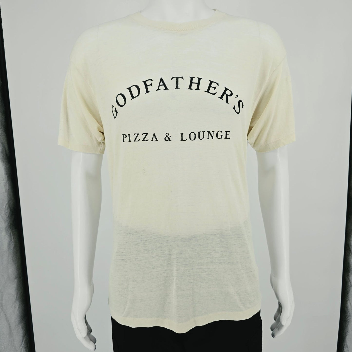 Vintage 1970s Hanes Godfather's Pizza & Lounge Paper Thin Burnout T-Shirt (XL)