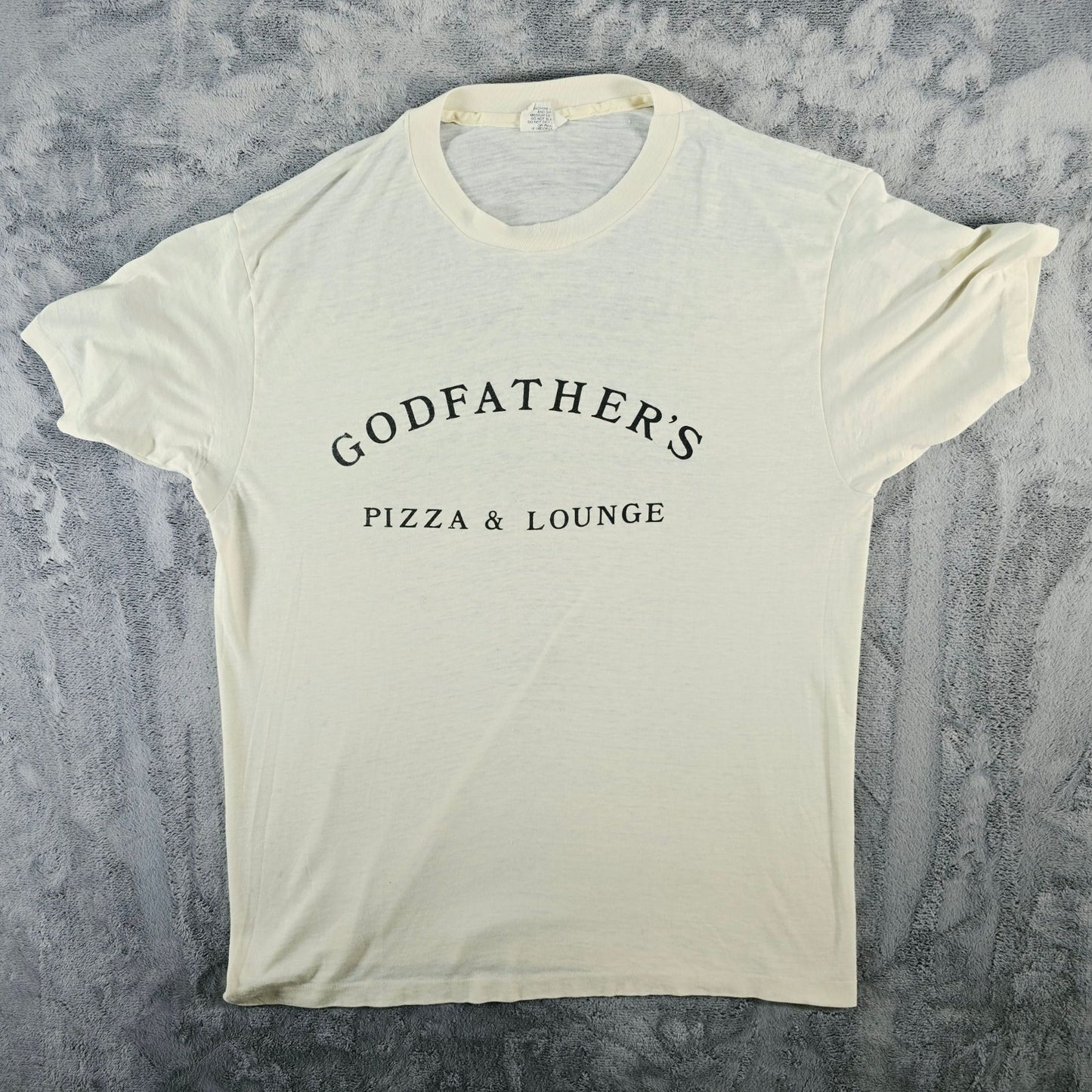 Vintage 1970s Hanes Godfather's Pizza & Lounge Paper Thin Burnout T-Shirt (XL)