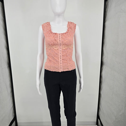Vintage Y2K Moa Moa Pink Floral Lace Hook Front Stretch Fairy/Coquette Top (M)