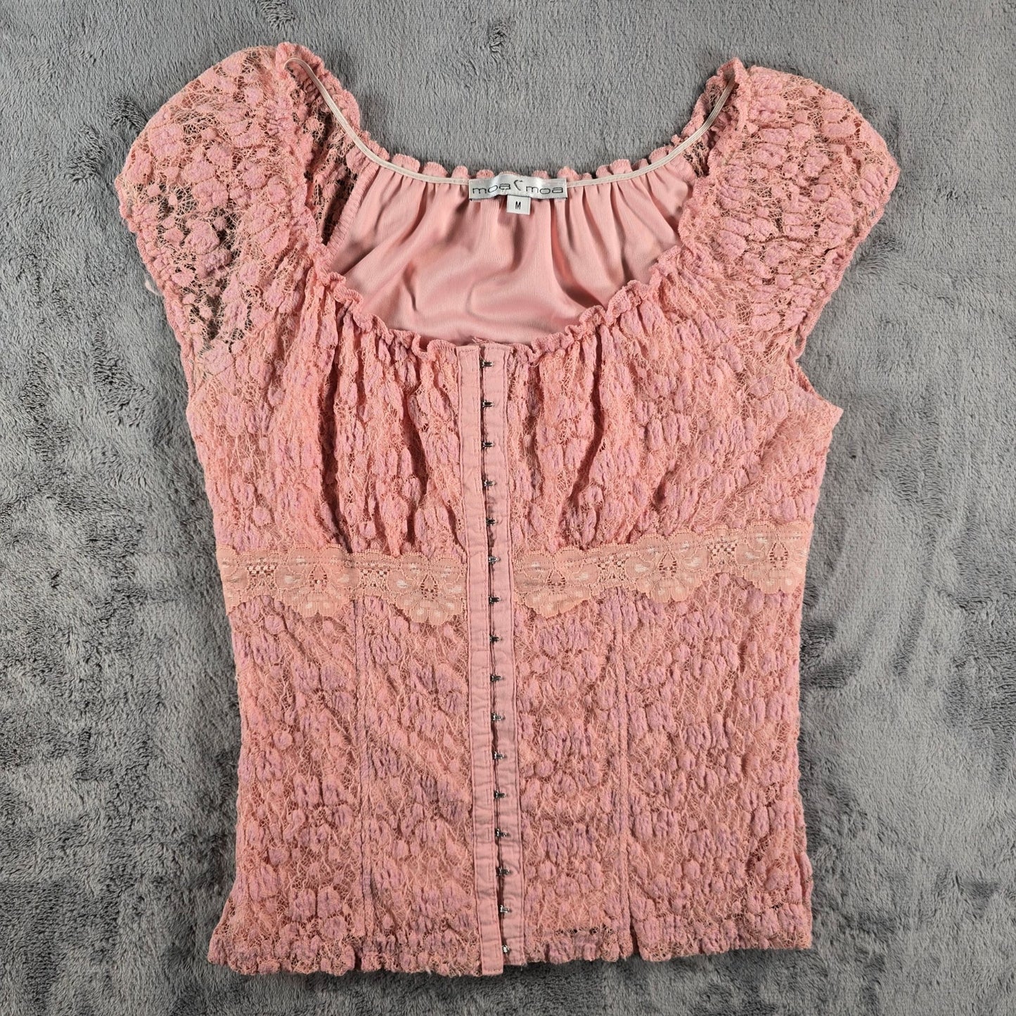 Vintage Y2K Moa Moa Pink Floral Lace Hook Front Stretch Fairy/Coquette Top (M)