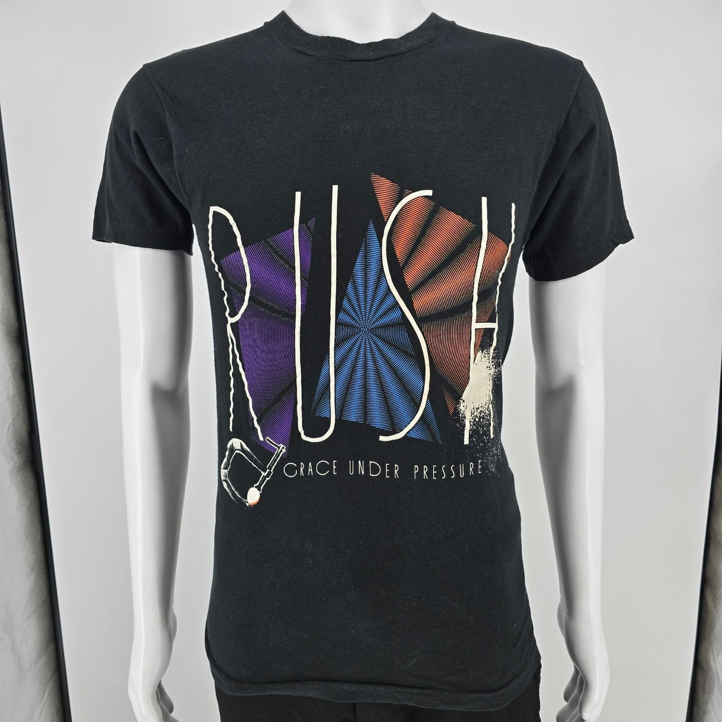 Vintage 1980s Fruit of the Loom Rush Grace Under Pressure Black Band T-Shirt (S)