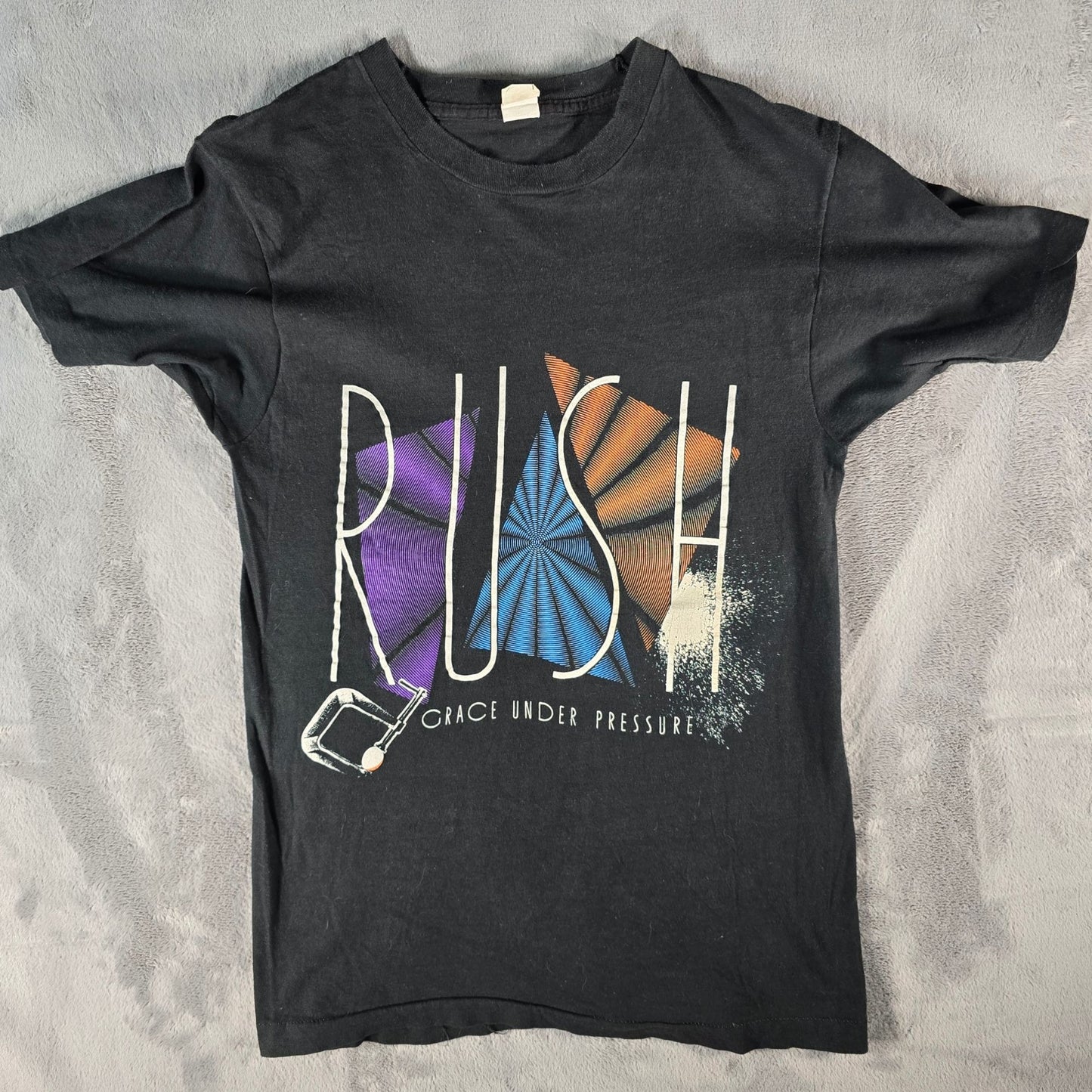 Vintage 1980s Fruit of the Loom Rush Grace Under Pressure Black Band T-Shirt (S)