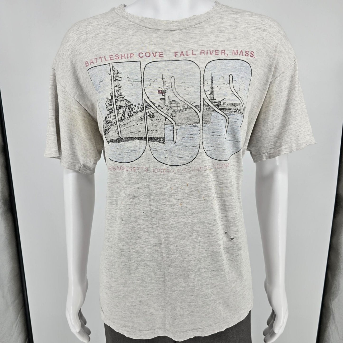 Thrashed Vintage 1990s Hanes Beefy-T Battleship Cove Fall River, MA T-Shirt (XL)