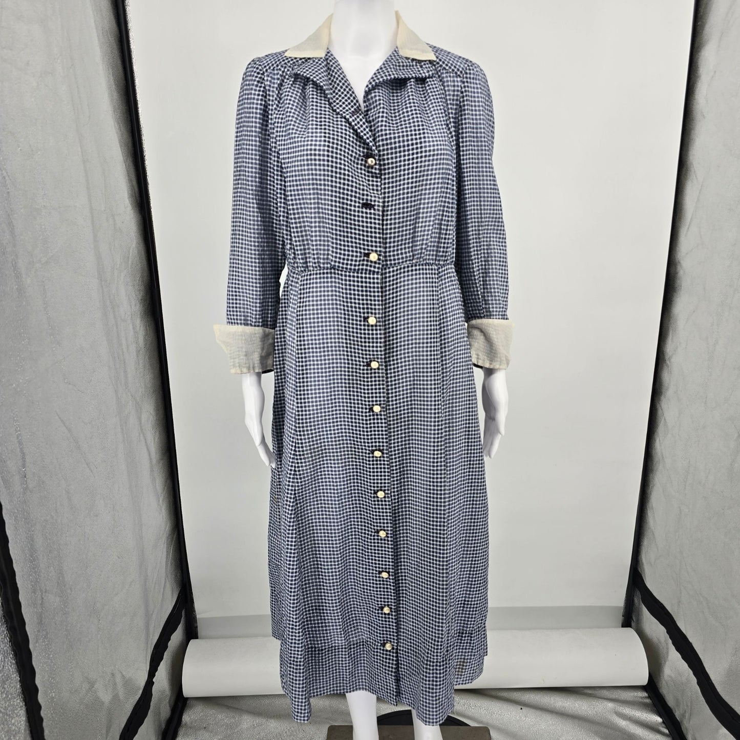 Vintage 1940s Handmade Blue/White Sheer Dobby-Woven Check Pattern Day Dress (L)