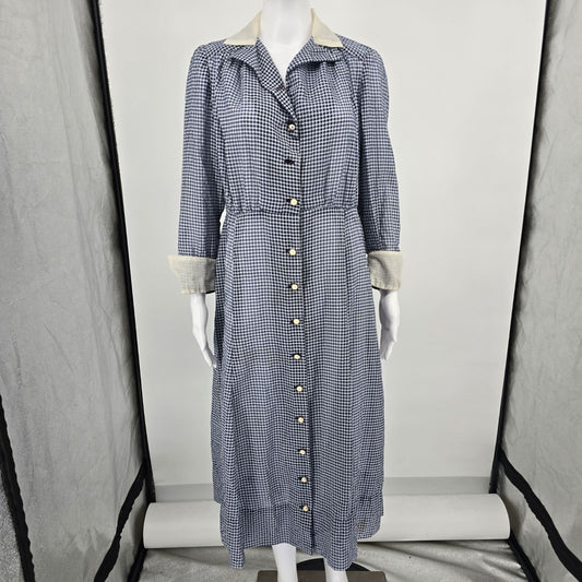 Vintage 1940s Handmade Blue/White Sheer Dobby-Woven Check Pattern Day Dress (L)