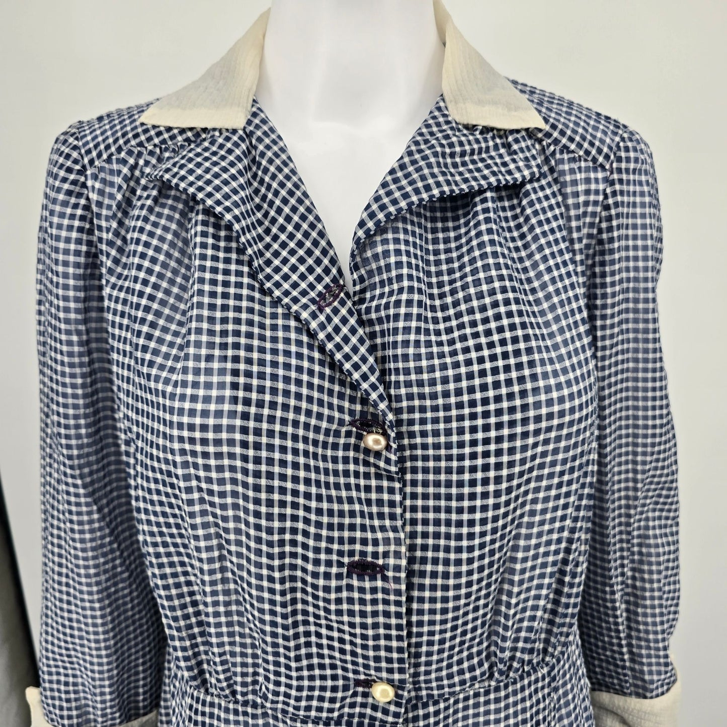 Vintage 1940s Handmade Blue/White Sheer Dobby-Woven Check Pattern Day Dress (L)