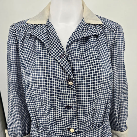 Vintage 1940s Handmade Blue/White Sheer Dobby-Woven Check Pattern Day Dress (L)