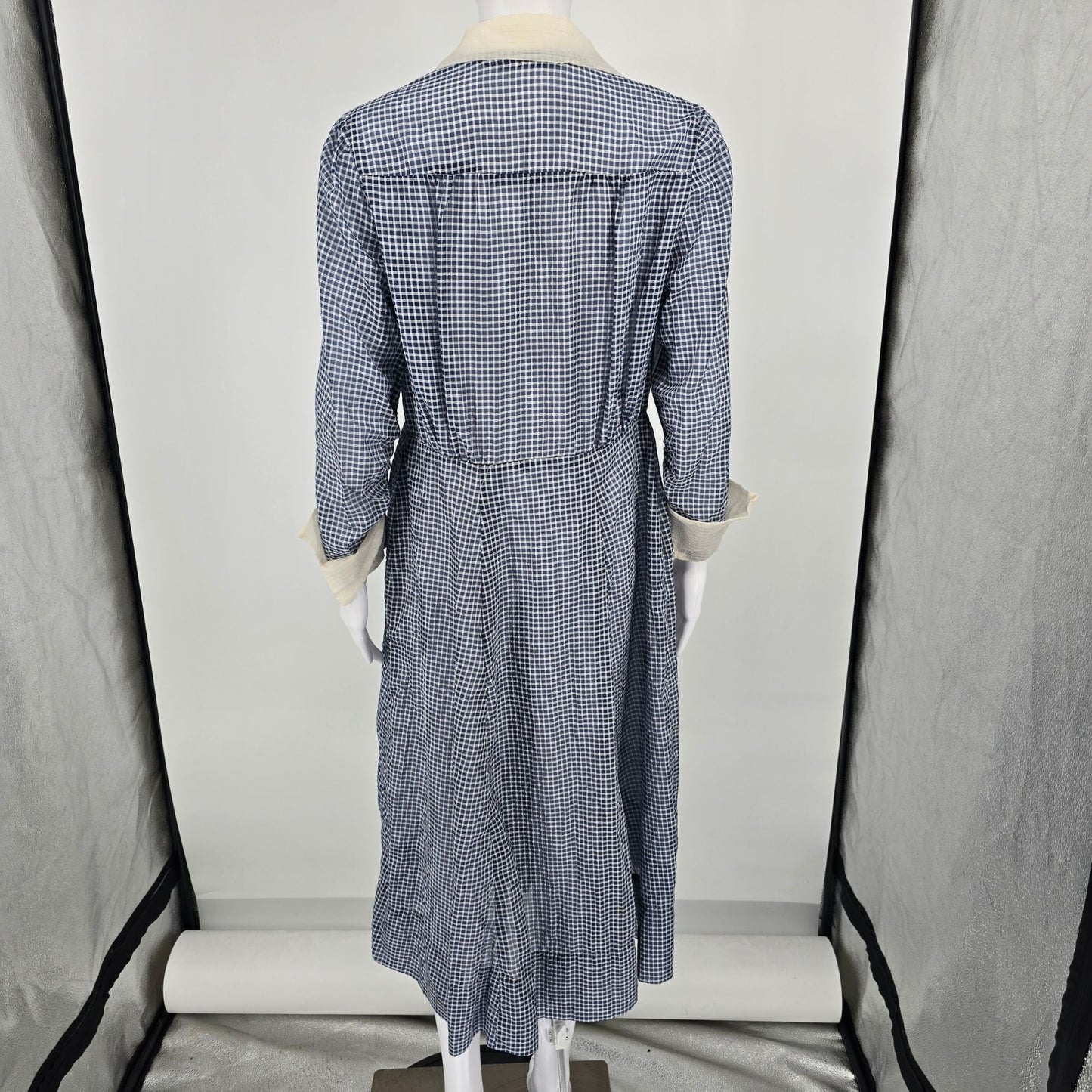 Vintage 1940s Handmade Blue/White Sheer Dobby-Woven Check Pattern Day Dress (L)