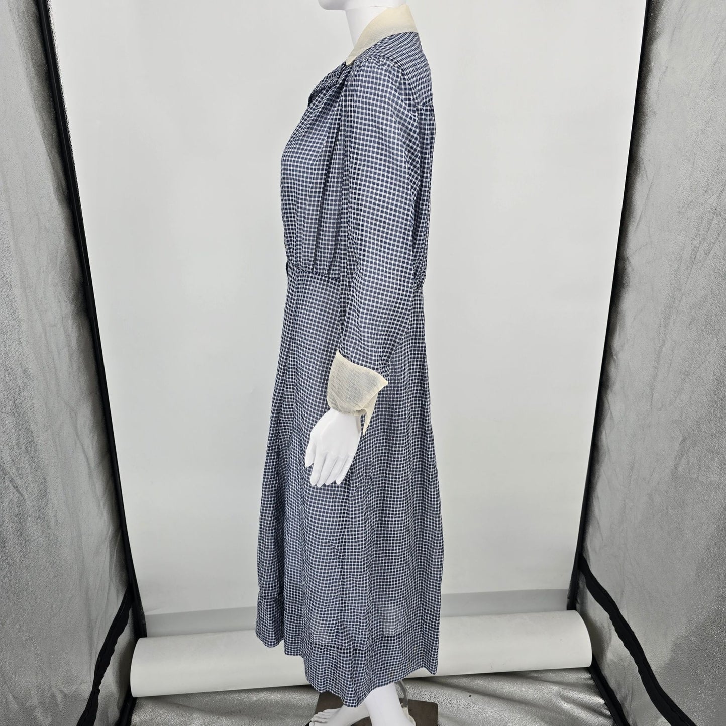 Vintage 1940s Handmade Blue/White Sheer Dobby-Woven Check Pattern Day Dress (L)