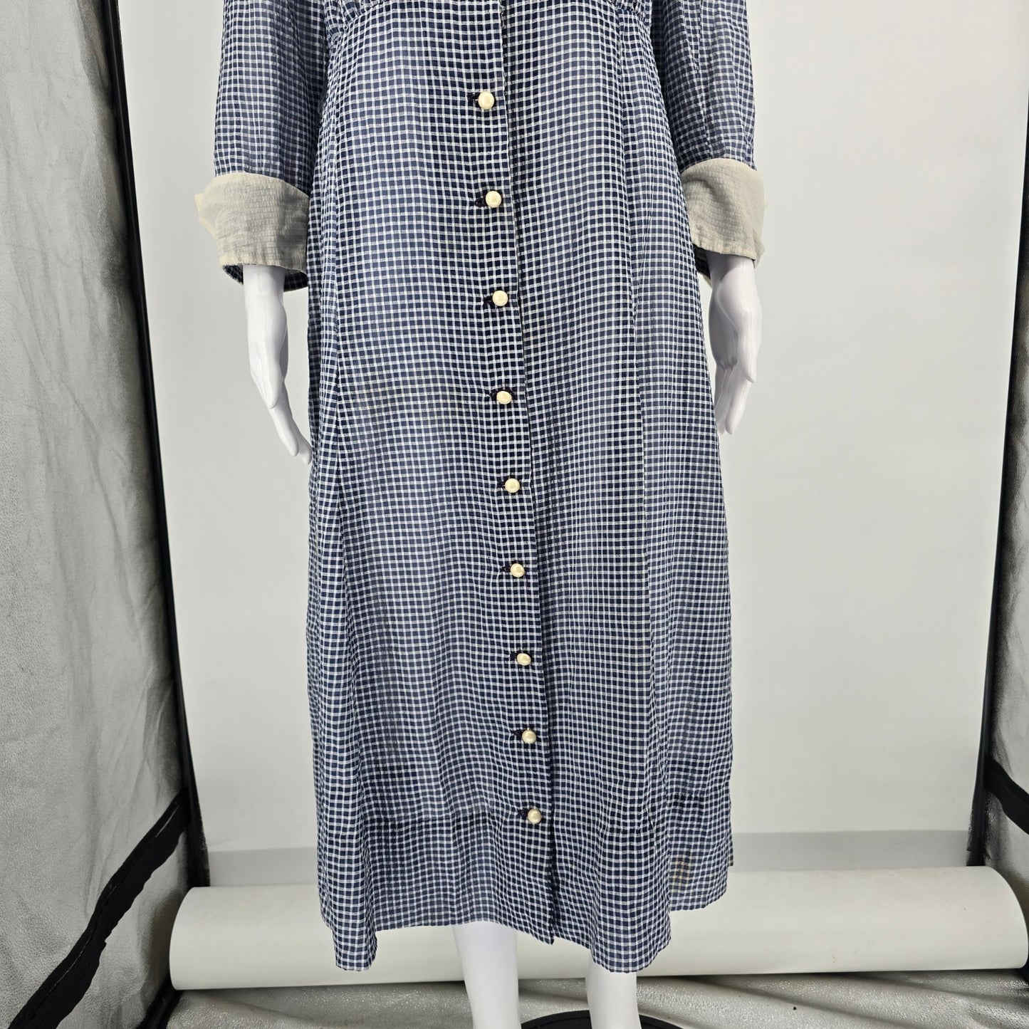 Vintage 1940s Handmade Blue/White Sheer Dobby-Woven Check Pattern Day Dress (L)