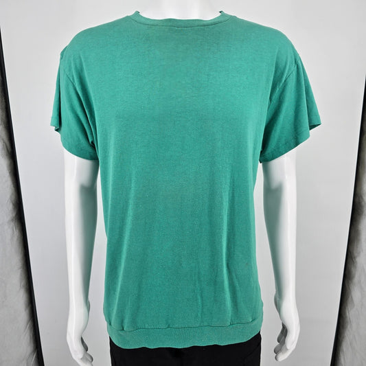 Vintage 1990s Blair Blank Seafoam Green Ribbed Hem Single Stitch T-Shirt (L/XL)