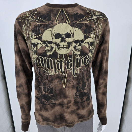 MMA Elite Long Sleeve Skull Graphic Waffle Kint Tie Dye Brown Thermal (L)