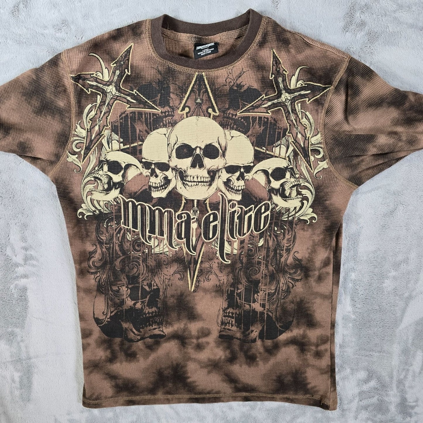 MMA Elite Long Sleeve Skull Graphic Waffle Kint Tie Dye Brown Thermal (L)