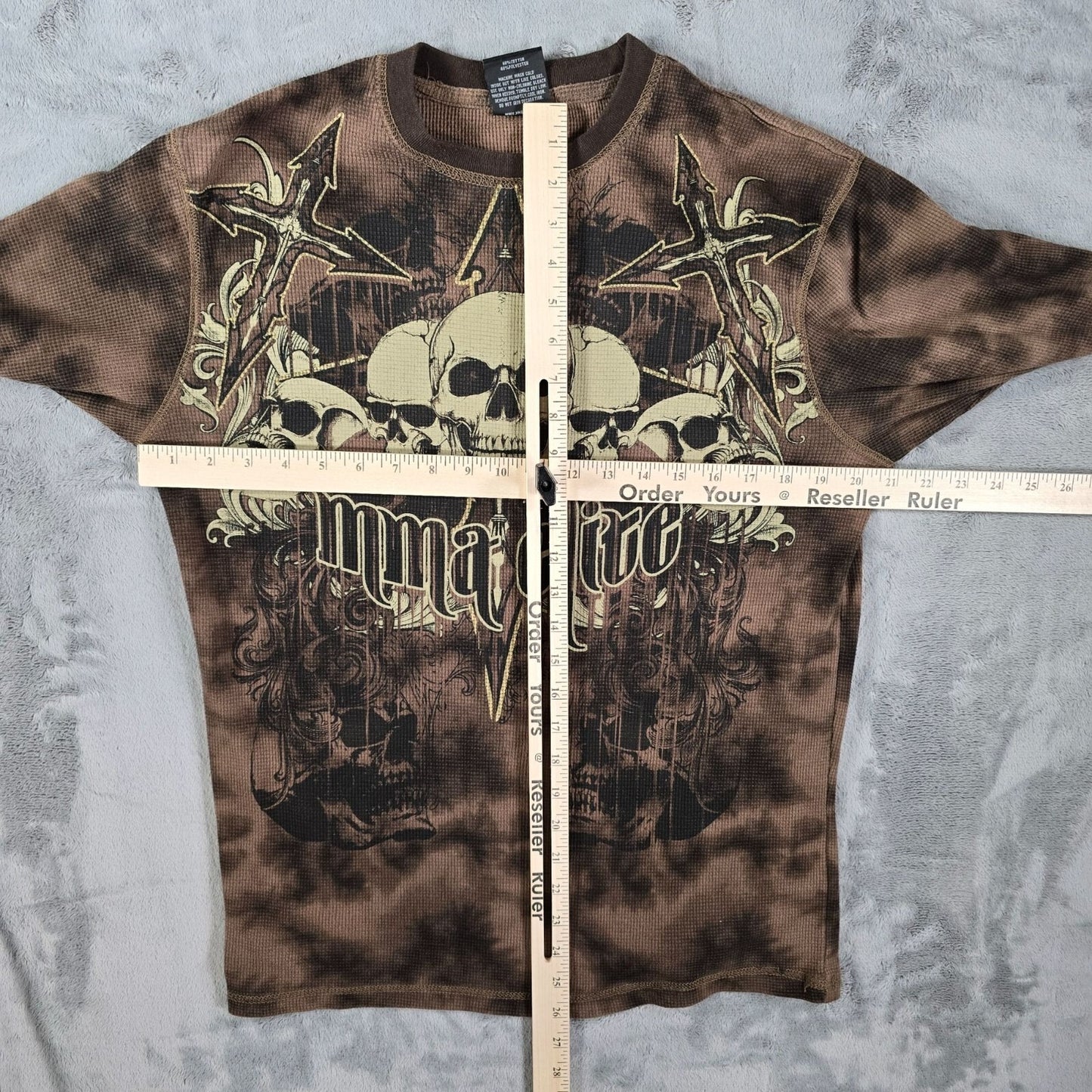 MMA Elite Long Sleeve Skull Graphic Waffle Kint Tie Dye Brown Thermal (L)