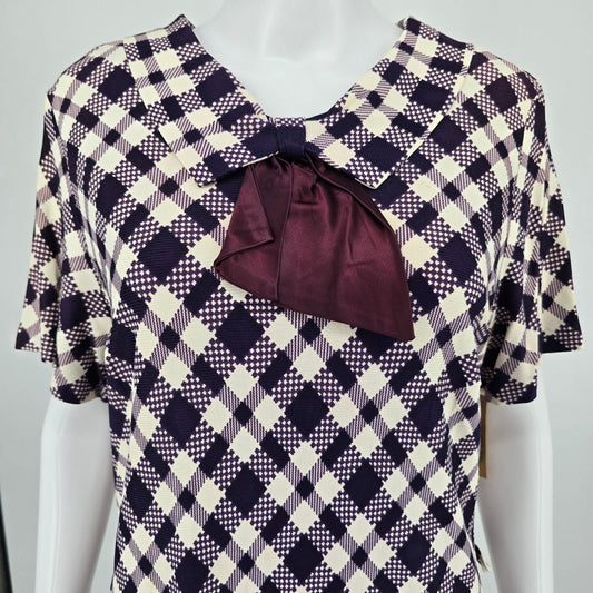 Vintage 1960s Purple/White Diagonal Check Metal Zipper Mod Sheath Dress (M/L)