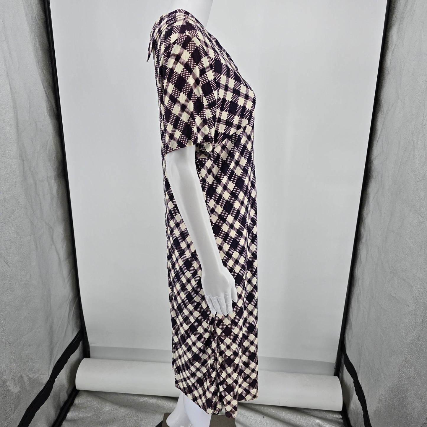 Vintage 1960s Purple/White Diagonal Check Metal Zipper Mod Sheath Dress (M/L)