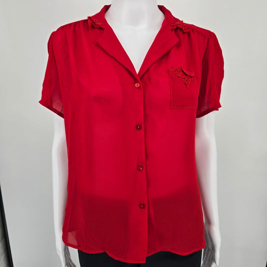 Vintage 1980s Chain Gang California Red Semi-Sheer Button-Front Blouse (M)